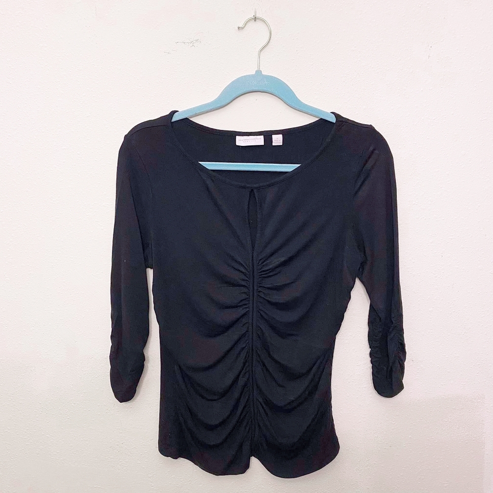 New York & Company 3/4 Long-Sleeved Keyhole Top with Ruching Black Size M